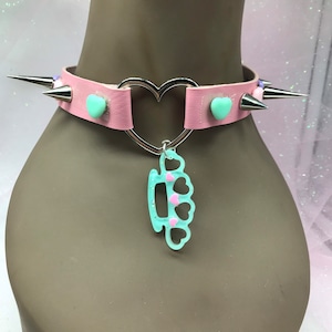 Pink ‘ knuckles   “ Pastel kawaii emo goth Choker Necklace Collar cat kitten spiked witch