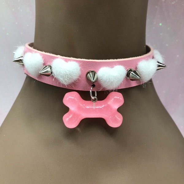 Pink white “ Fetch   “ Pastel kawaii emo goth Choker Necklace Collar cat kitten dog print paw bone