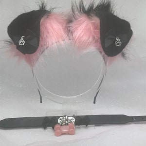Diadema con orejas de perro kawaii pastel de Halloween con collar y murciélago cachorro negro/rosa para cosplay