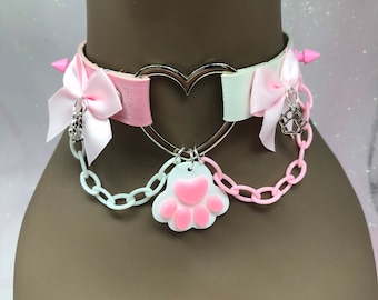 Pink  “ Pink  Paw  “ Pastel kawaii emo goth Choker Necklace Collar cat kitten