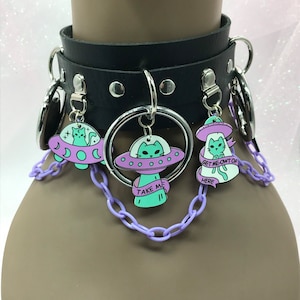 Black “ Kitty alien  “ Pastel kawaii emo goth Choker Necklace Collar cat kitten dog crow