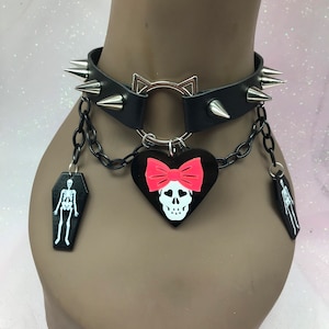 Black  ‘ Dead   “ Pastel kawaii emo goth Choker Necklace Collar cat kitten crosses spiked skeleton