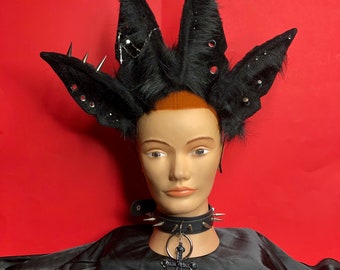 The 4 eared ears multiple “ Black Out “ Black fox Pastel Kawaii Ears headband head band cosplay emo goth satanic spikes holes piercings