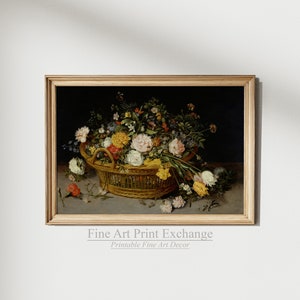 May include: A vintage painting of a wicker basket overflowing with a variety of colorful flowers, including pink, white, yellow, and red. The flowers are arranged in a still life composition against a dark background. The painting is framed in a simple wooden frame.