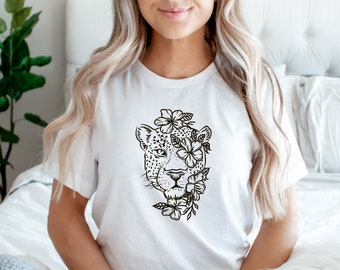 Leopard Flower Shirt, Big Cat Shirt, Cat Lover T-Shirt, Birthday Gift For Her, Leopard T-Shirt