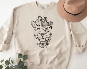 Bluza z nadrukiem kwiatowym w panterkę, koszulka dla miłośników zwierząt, koszulka z dużym kotem, koszulka z kwiatowym kotem, koszulka z dzikim zwierzęciem, prezent dla miłośników zwierząt, koszulka unisex