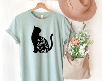 Camisa floral para gatos, Camiseta floral para gatos, Camiseta para amantes de los animales, Camisa Silhouette, Camisa para amantes de la naturaleza, Regalo para amantes de los gatos, Camiseta para animales