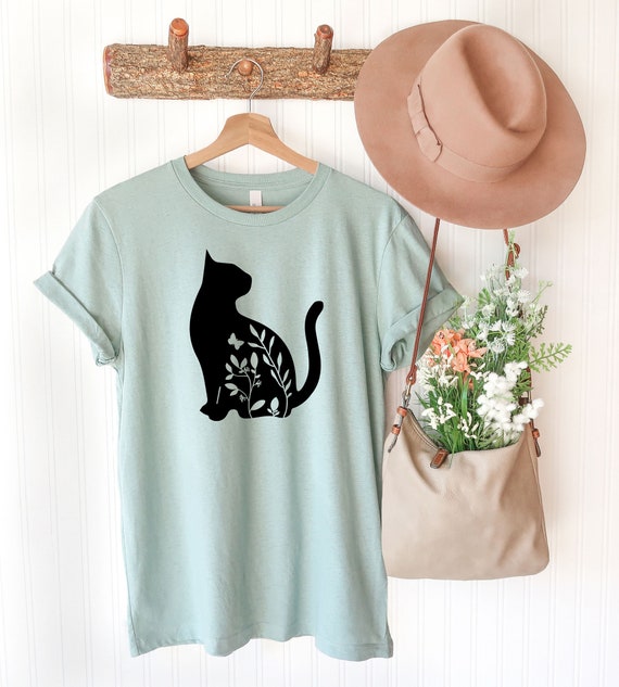 Floral Cat Shirt, Floral Cat Tee, Animal Lover Tee, Silhouette Shirt, Nature Lover Shirt, Cat Lover Gift, Animals Tee