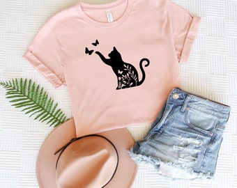 Camisa floral para gatos, Camiseta floral para gatos, Camiseta para amantes de los animales, Camisa Silhouette, Camisa para amantes de la naturaleza, Regalo para amantes de los gatos, Camiseta para animales