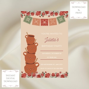 May include: An invitation for Julieta's birthday party. The design features a stack of brown clay pots with wooden spoons, floral and banner accents, and the text "Instant Digital Download" and "Download & Print".