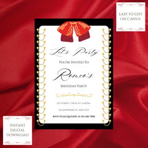 May include: A black and white printable invitation with a red and gold sombrero design. The text reads "Let's Party You're Invited to Romeo's Birthday Party" with the date and time of the party, "October 7, 2024 at 6:00PM", and the address, "123 Anywhere St., Any City". The invitation also includes the RSVP information, "RSVP to Jacqueline at 123-456-7890".