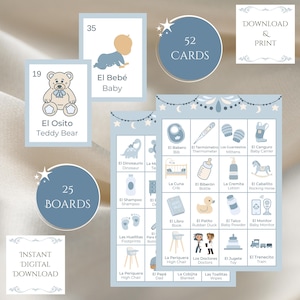 Blue Mexican Loteria Baby Shower Game, Cyfrowa wersja do pobrania, Meksykańskie Bingo, Dwujęzyczne