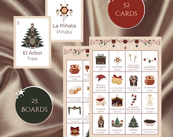 May include: A Christmas bingo game set with 25 boards and 52 cards. The cards feature illustrations of Christmas-themed items like a Christmas tree, piñata, and ornaments. The set includes the text "El Árbol Tree" and "La Piñata Piñata".