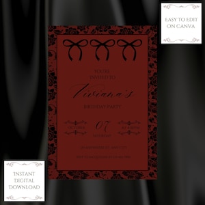 Convite de aniversário com laço de renda vermelha e preta, modelo digital editável, festas e eventos