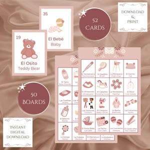 50 giochi di Loteria messicana rosa per baby shower, download digitale stampabile, bingo messicano, bilingue