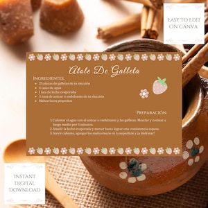 May include: Atole de Galleta recipe printable with a brown background and pink strawberry and flower accents. The recipe includes ingredients such as cookies, water, evaporated milk, sugar, and marshmallows. The recipe also includes instructions for preparing the atole.