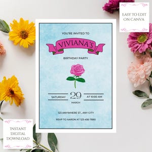 Zaproszenie na przyjęcie urodzinowe Pink Rose Loteria, edytowalny szablon cyfrowy, meksykańskie bingo