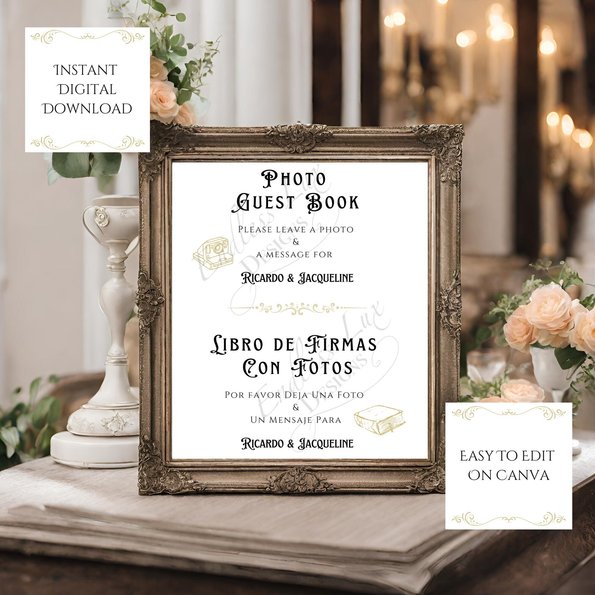 Wedding Guest Book Sign Bilingual, Vintage, Photo, Digital Download, image size:2000x2000