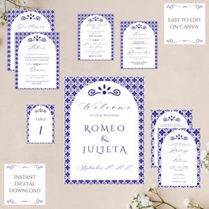 Blue Talavera Wedding Bundle, Editable Digital Template, Welcome Sign, Spanish/English Invitations, Bathroom Basket Signs, Guest Book Sign