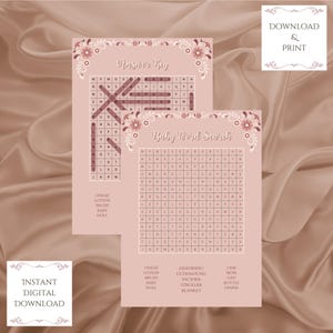 Roze woordzoekspel babyshowerspel, digitale afdrukbare download, tweetalig, crucigram