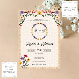 Basket Flowers Wedding Invitation, Editable Digital Template, Parties and Events