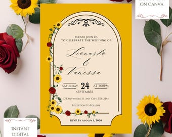 Invitación de boda con girasoles y rosas, plantilla digital editable, fiestas y eventos