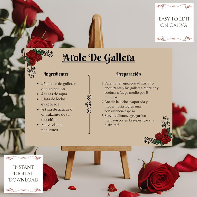 Roses Recipe Card, Editable Digital Template - Etsy