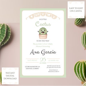 Invito baby shower a forma di cactus, modello digitale modificabile, rivelazione del sesso, maschio o femmina, Nopalito, spagnolo/inglese