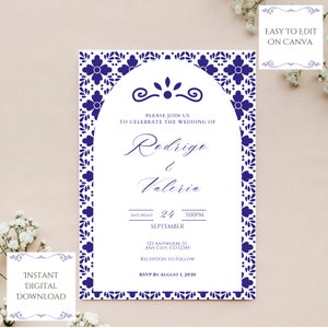 May include: A white wedding invitation with a blue and white floral border. The invitation features the text "Please join us to celebrate the wedding of Rodrigo & Valeria" with the date and time of the wedding: Saturday, September 24, 3:00PM. The invitation also includes the address and RSVP information.