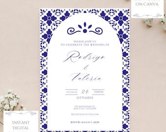 Faire-part de mariage Talavera bleu, modèle numérique modifiable, fêtes et événements, traditionnel mexicain, Boda