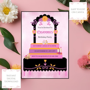 Invitación para fiesta de cumpleaños del Día de los Muertos, plantilla digital editable, Día de Muertos, ofrenda colorida