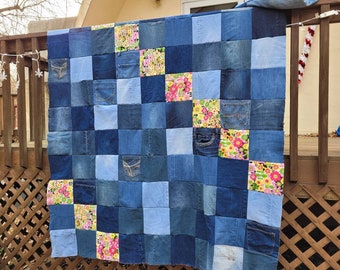Denim quilt, picnic blanket, throw, upcycled- customizable. Memory blanket