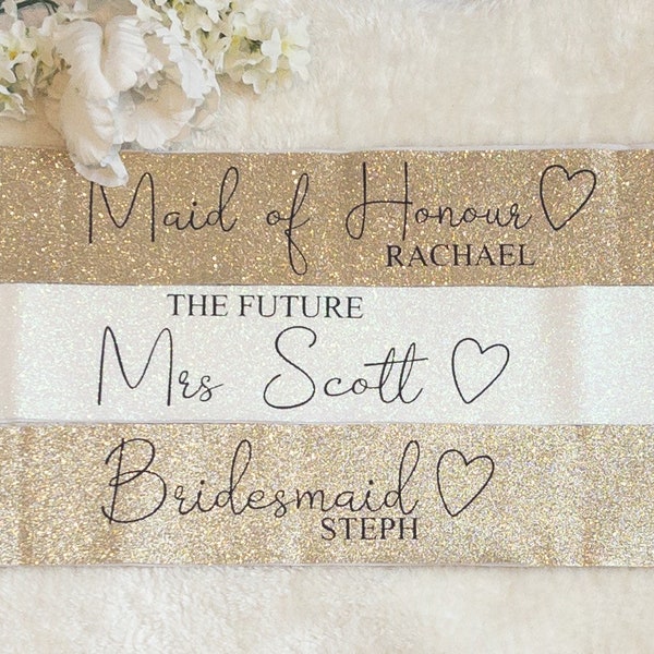 Personalised glitter hen party sashes, hen, hen do, hen party, wedding, bride to be, future mrs, bridesmaids, maid of honour, sash, sashes