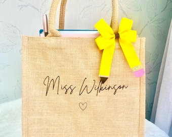 Borsa in juta personalizzata con fiocco, regalo per insegnanti, regalo di ringraziamento per insegnanti, regali per educatori, regalo per insegnanti di scuola materna, regalo di ringraziamento, regalo per assistenti didattici.