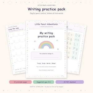 Pode incluir: Um pacote digital de prática de escrita intitulado Little Pencil Adventures, exibindo três páginas com bordas em tons pastel, estrelas, um gráfico de arco-íris e exercícios para traçar laços, letras e palavras em um fundo branco.