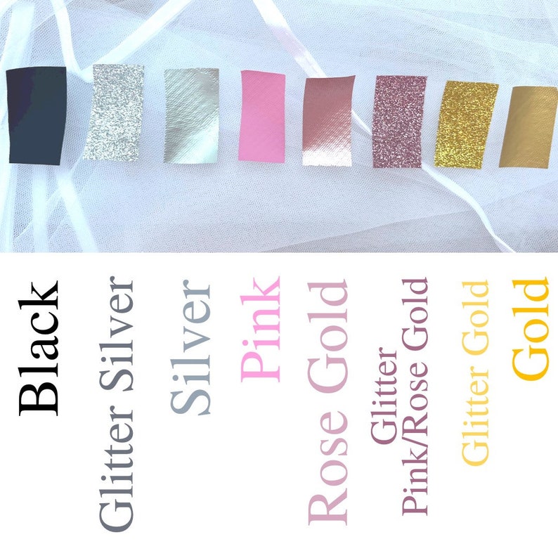 May include: A color chart featuring eight rectangular swatches in black, glitter silver, silver, pink, rose gold, glitter pink/rose gold, glitter gold, and gold. Each swatch is labeled with its corresponding color name in black text below it.