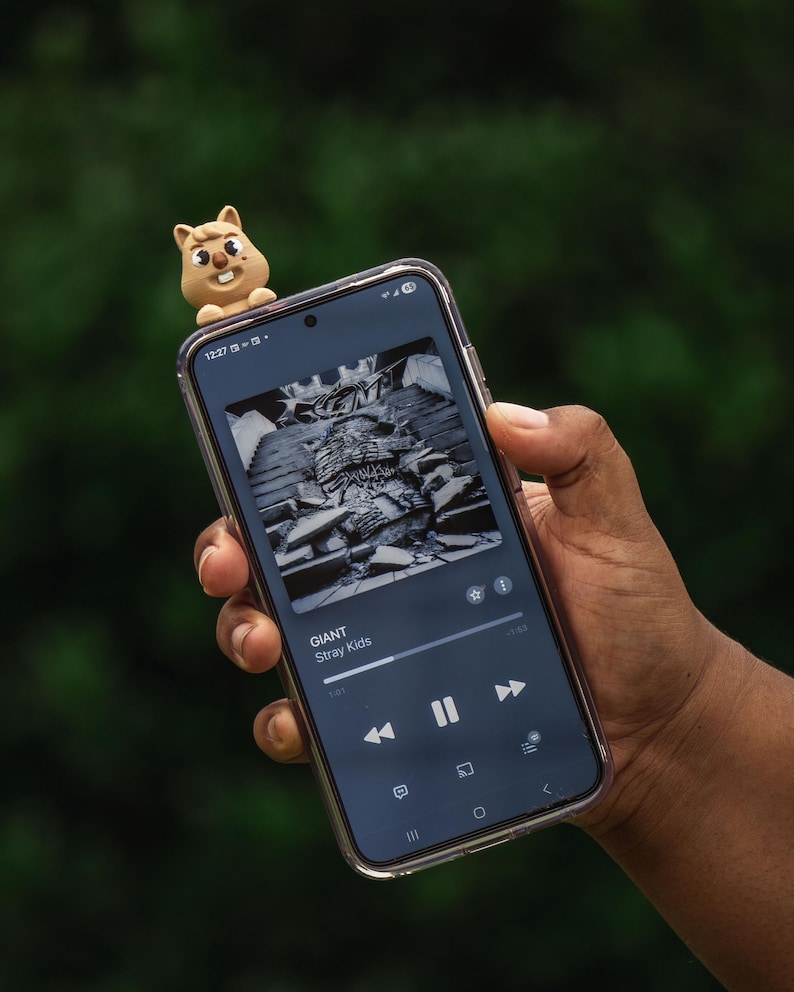 Puede incluir: Un smartphone que muestra la aplicaci&oacute;n de m&uacute;sica con la canci&oacute;n "GIANT" de Stray Kids. Una peque&ntilde;a figura de ardilla marr&oacute;n se encuentra encima del tel&eacute;fono. El tel&eacute;fono se sostiene contra un fondo verde borroso.