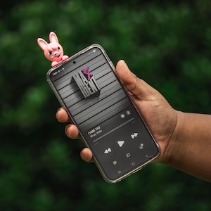 Puede incluir: Un tel&eacute;fono inteligente que muestra el texto "MAXIDENT" y controles de m&uacute;sica, sostenido en una mano. Un dije de tel&eacute;fono con forma de cerdo rosa est&aacute; adjunto a la parte superior del tel&eacute;fono. El fondo es un verde borroso.