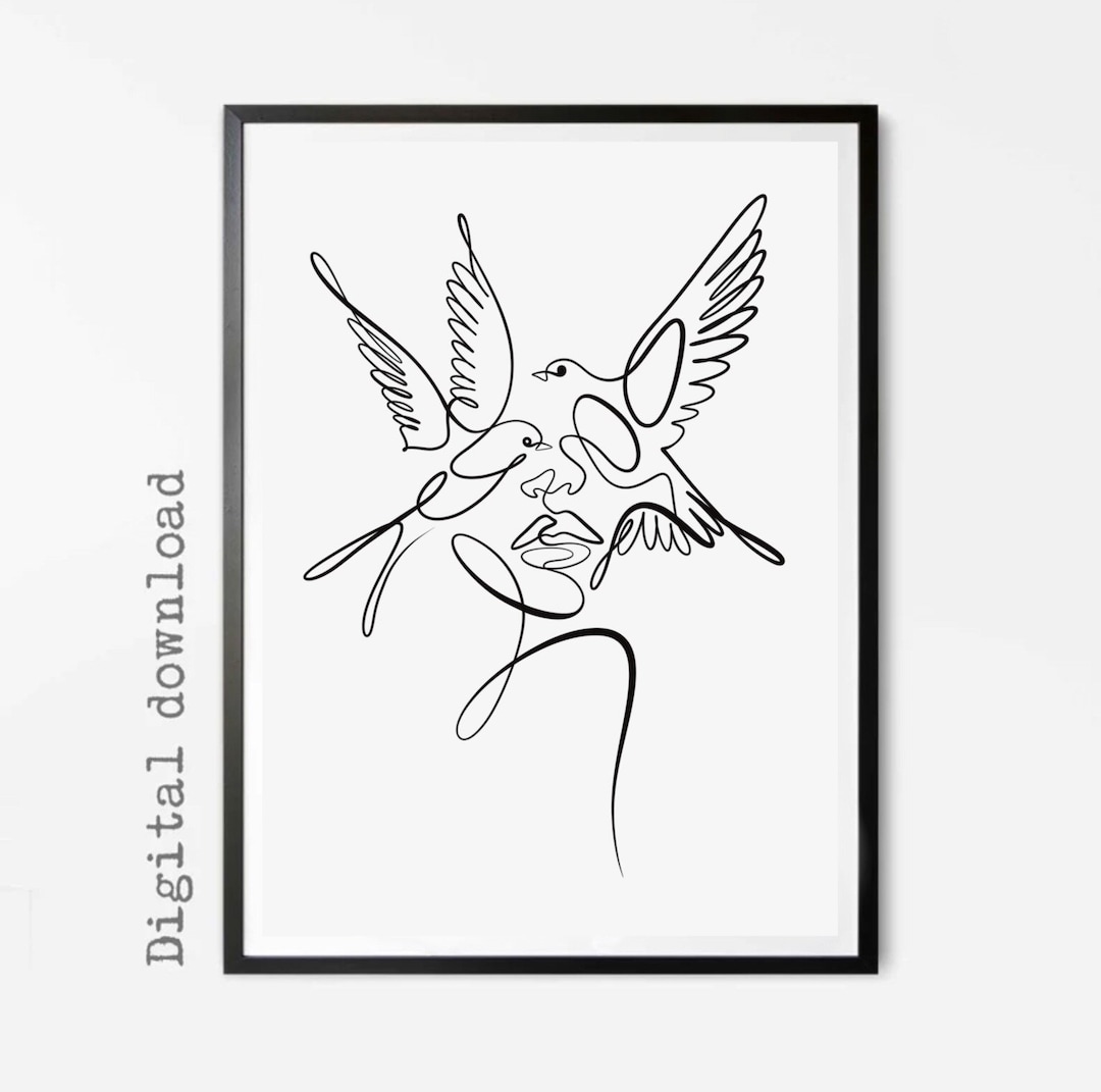 Abstract Face Line Art Print, Woman One Line Drawing, Minimalist Birds ...