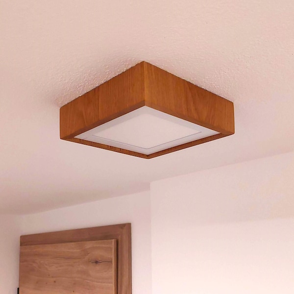 Square Ceiling Wooden Lamp with LED | Thin and Elegant | Handmade Oak Lamp