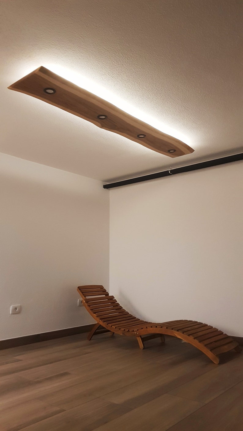 Lámpara de techo de madera de roble Extra grande con luz directa y ambiental borde vivo efecto flotante Lámpara de tocador iluminación deckenlampe holz wandlampe imagen 4