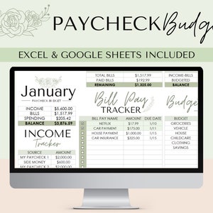 May include: A computer screen displaying a January budget spreadsheet with a green floral design. The spreadsheet includes sections for income, bills, spending, balance, bill pay tracker, and budget. The spreadsheet is titled "January Paycheck Budget".