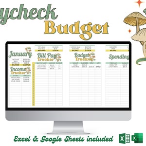 Op de afbeelding: Een digitale budgettracker-sjabloon met een retro-paddenstoelontwerp. De sjabloon bevat secties voor inkomsten, uitgaven, factuurbetaling en budgettracking. De tekst op het scherm luidt "Paycheck Budget", "January", "Income Tracker", "Bill Pay Tracker", "Budget Tracker" en "Spending".