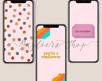 Smiley faces Wallpaper Bundle for iPhone Android One Line Portrait Feminist happy faces Empowering Digital Background Lock Screen