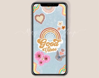 Good Vibes Phone Background Hearts Flowers Rainbows Boho Retro Hippie Cute Summer Wallpaper Lock Screen iPhone Android Digital Download