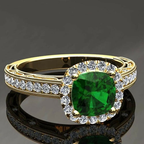 2.50 Ct Cushion Cut Green shops Emerald & Diamond Engagement Ring 18k Yellow Gold Plated