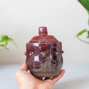 Burgundy CERAMIC SUGAR BOWL, Medieval style sugar bowl, Handmade ceramic lidded jar