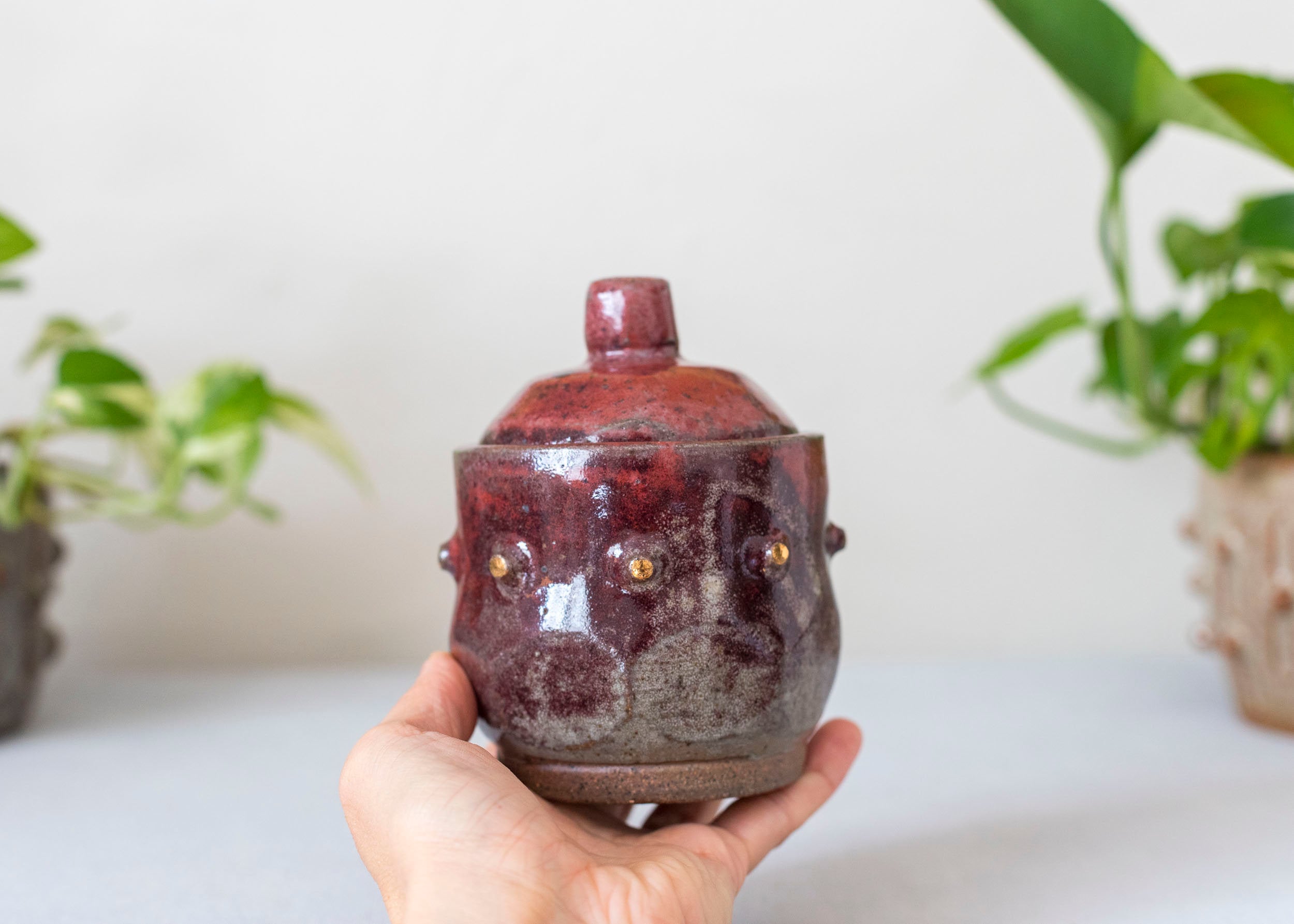 Burgundy CERAMIC SUGAR BOWL, Medieval style sugar bowl, Handmade ceramic lidded jar