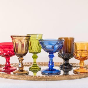 Vintage MISMATCHED GOBLETS, Mixed glasses, Groovy glass goblets, Colorful boho glassware, Wedding table setting, Boho home decor, 6pc.