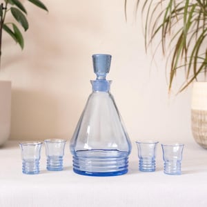 Vintage Light Blue Glass Decanter Set with 4 Shot Glasses